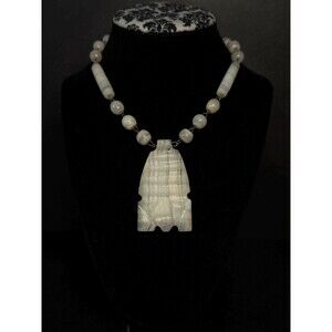 Vintage White Banded Agate Necklace Large Carved Pendant Statement 29.5"